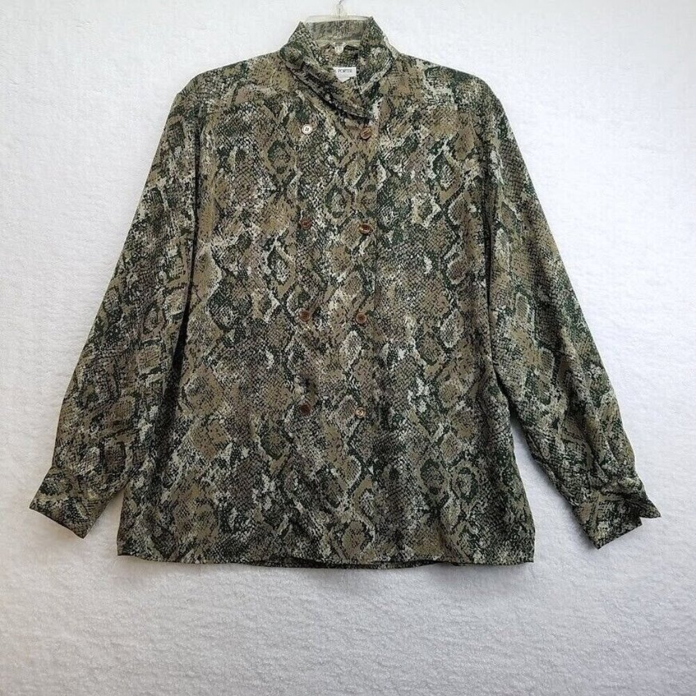 Regina Porter Secretary Blouse Size 12 Vintage 80s‎ Green Retile Snake Print